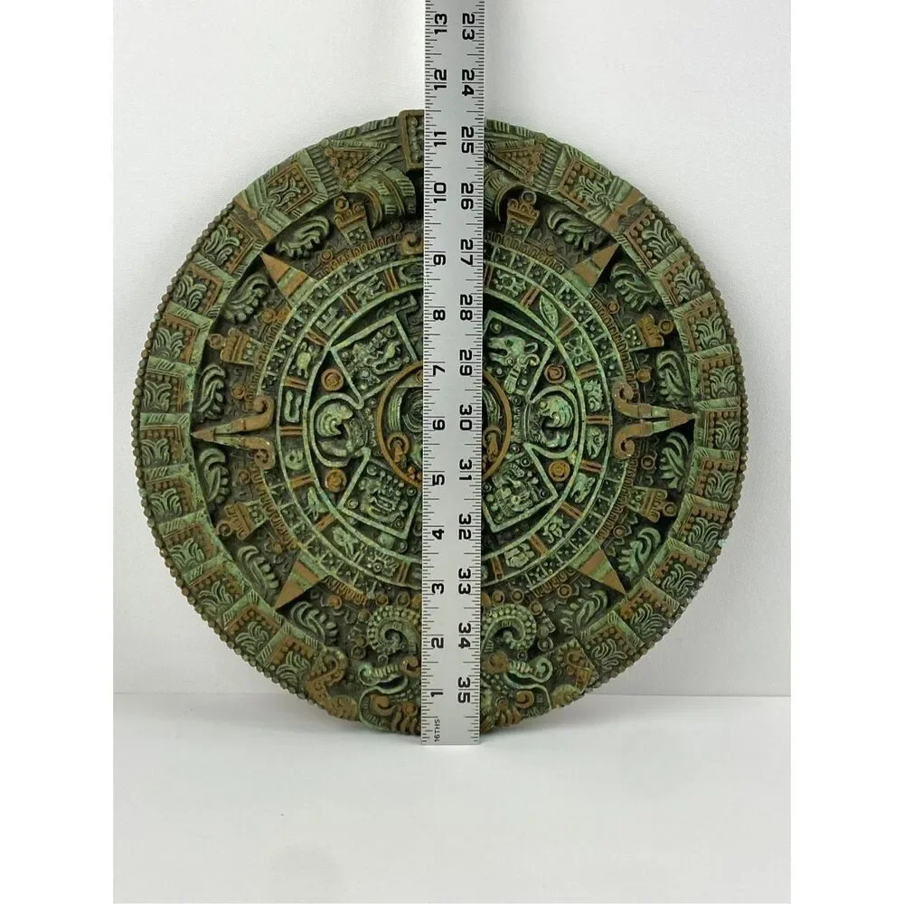 Vintage Large Engraved Mayan Aztec Calendar Sun Malachite Stone Wall Panel 11.5